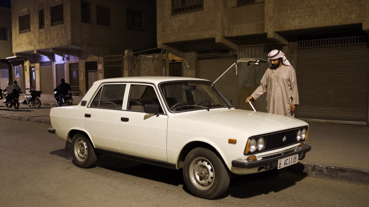 Midnight street scene in Cairo Egypt with vintage car and urban details in in Cairo, Egypt