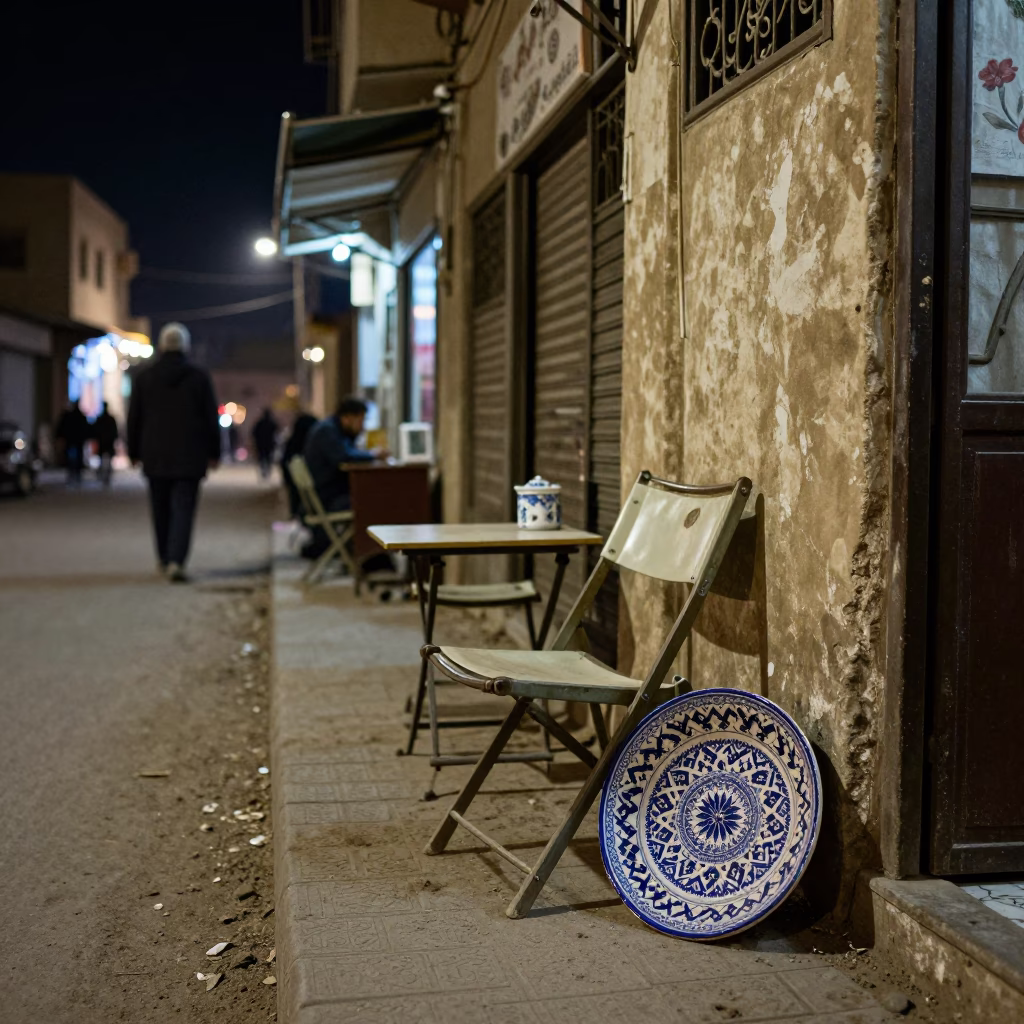 Midnight Street Scene in Cairo Egypt With Vintage Majolica Plate and Folding Chair in in Cairo, Egypt