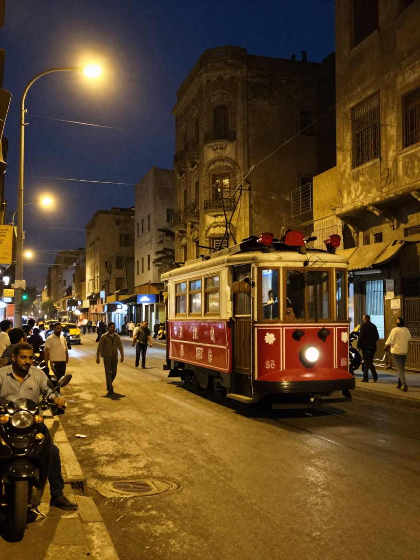 Midnight Street Scene in Cairo Egypt with Vintage Trams and Traditional Architecture in in Cairo, Egypt