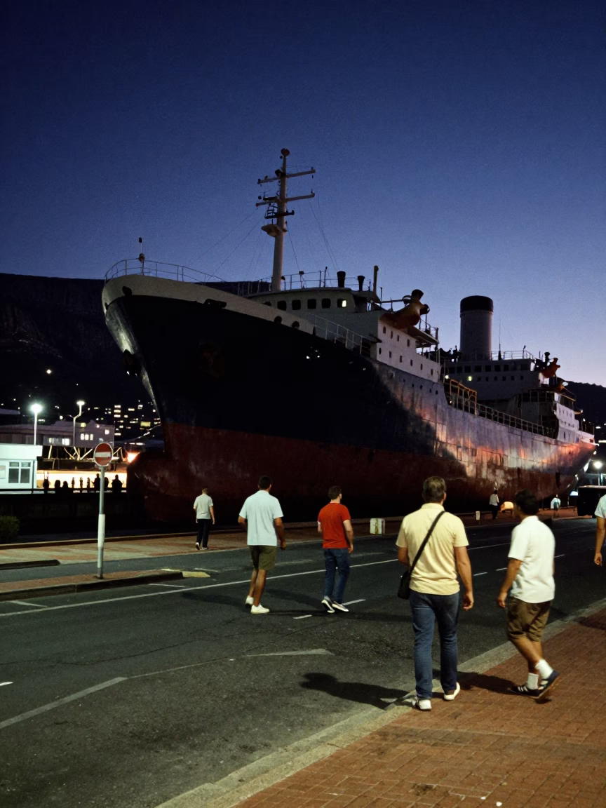 Midnight Street Scene in Cape Town South Africa with Dry Dock Ship Hull Background in in Cape Town, South Africa