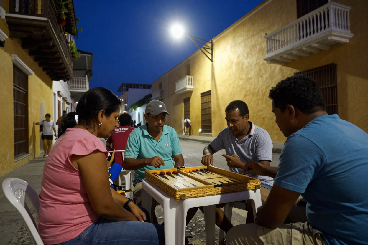 Midnight Street Scene in Cartagena Colombia with Backgammon and Wicker Details in in Cartagena, Colombia