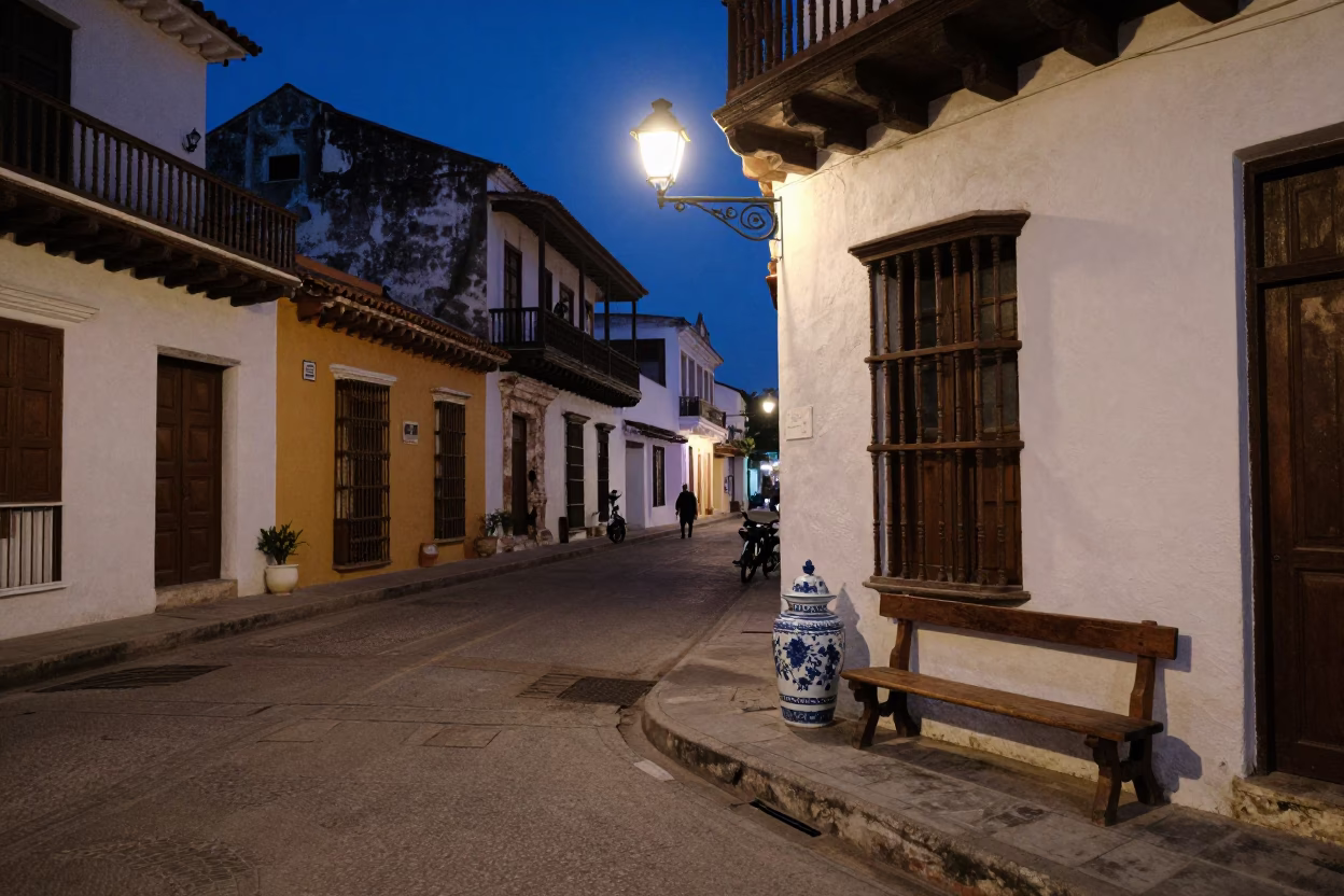 Midnight Street Scene in Cartagena Colombia with Blue and White Porcelain Jar and Doormat in in Cartagena, Colombia