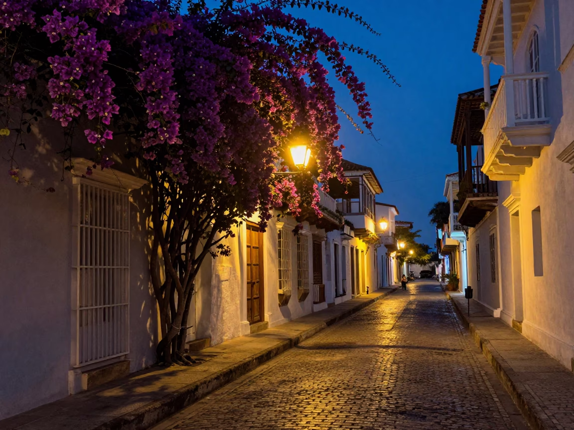 Midnight Street Scene in Cartagena Colombia with Bougainvillea and Lantern Light in in Cartagena, Colombia