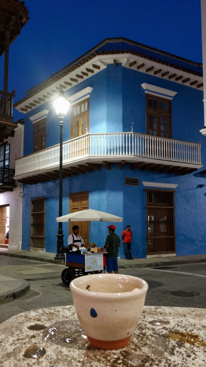 Midnight street scene in Cartagena Colombia with ceramic cup and fingerprints on metal in in Cartagena, Colombia