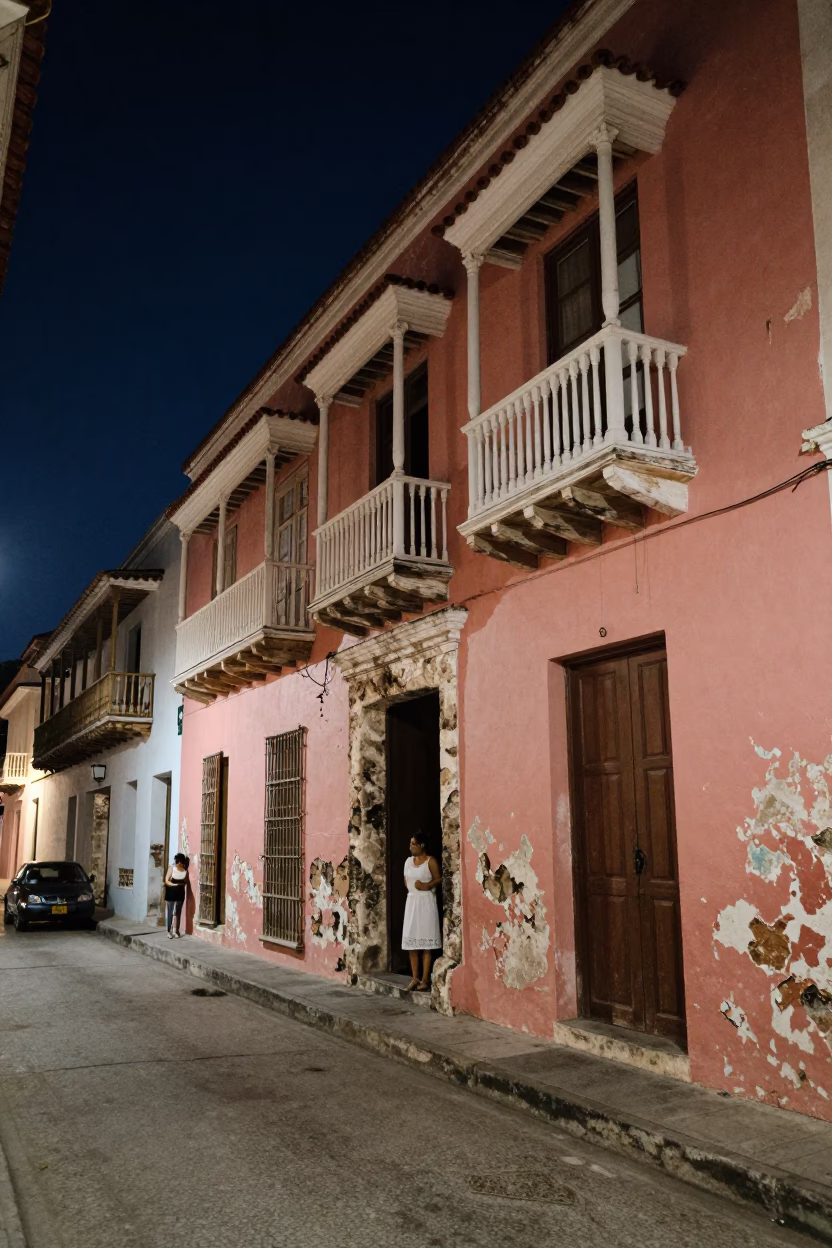 Midnight Street Scene in Cartagena Colombia with Faded Colonial Architecture and Local Night Activity in in Cartagena, Colombia