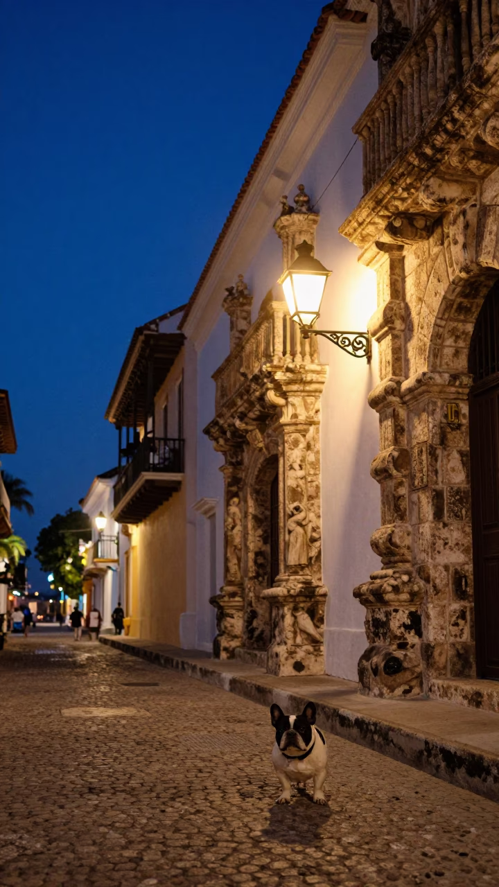 Midnight Street Scene in Cartagena Colombia with French Bulldog and Stone Architecture in in Cartagena, Colombia