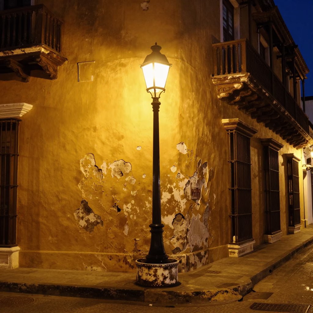 Midnight Street Scene in Cartagena Colombia with Hurricane Lamp and Dented Metal in in Cartagena, Colombia