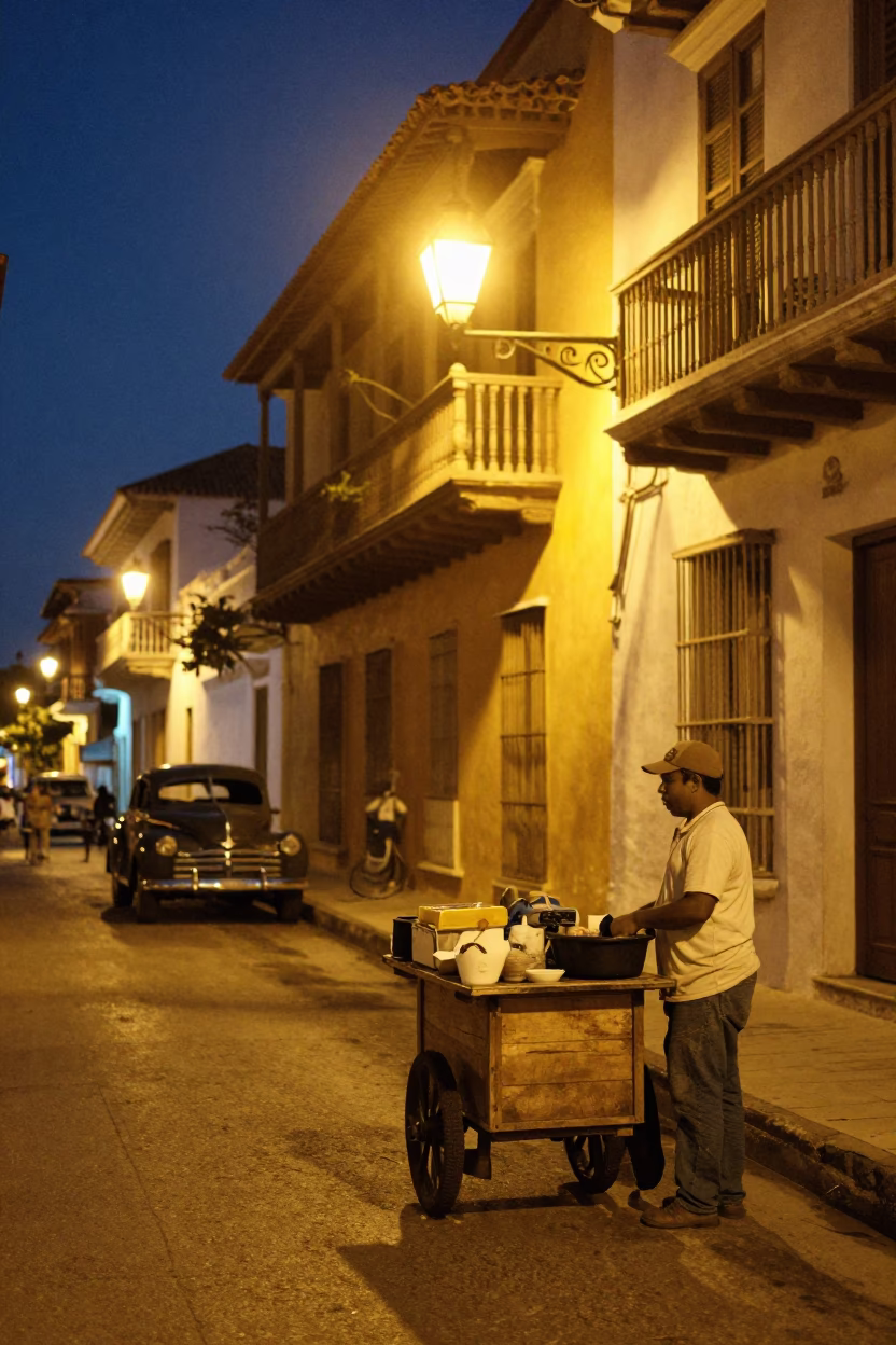 Midnight Street Scene in Cartagena Colombia with Local Vendor and Vintage Bowl in in Cartagena, Colombia