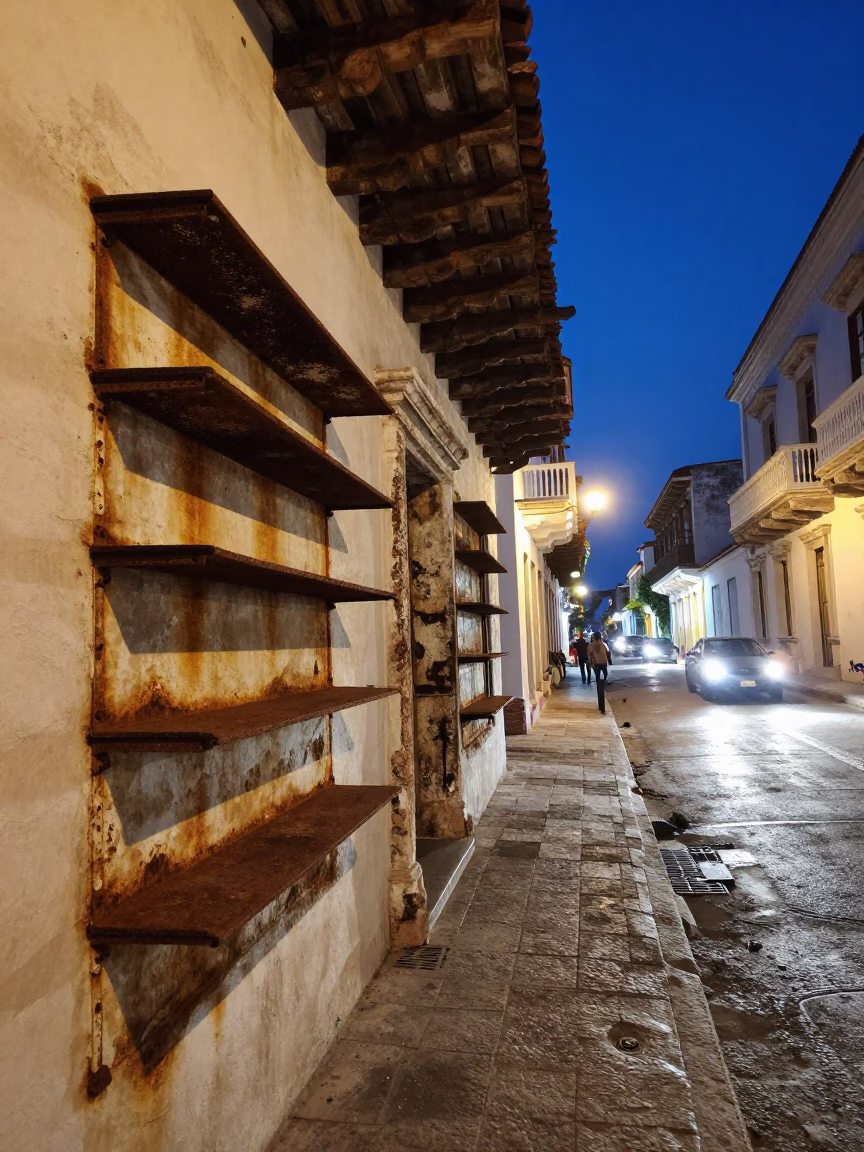 Midnight Street Scene in Cartagena Colombia With Rusty Shelves And Chipped Blue Enamel Details in in Cartagena, Colombia