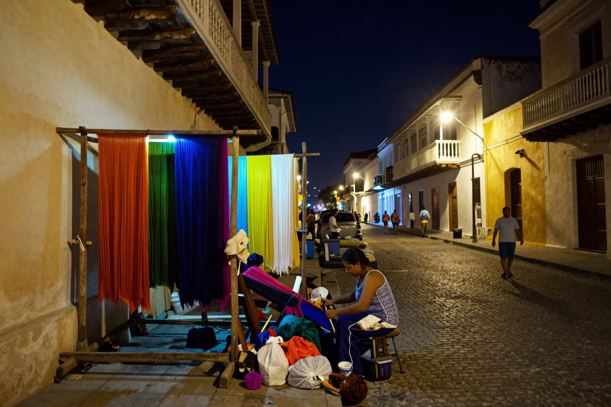 Midnight Street Scene in Cartagena Colombia with Silk Dyeing Workshop and Soap Bottle in in Cartagena, Colombia