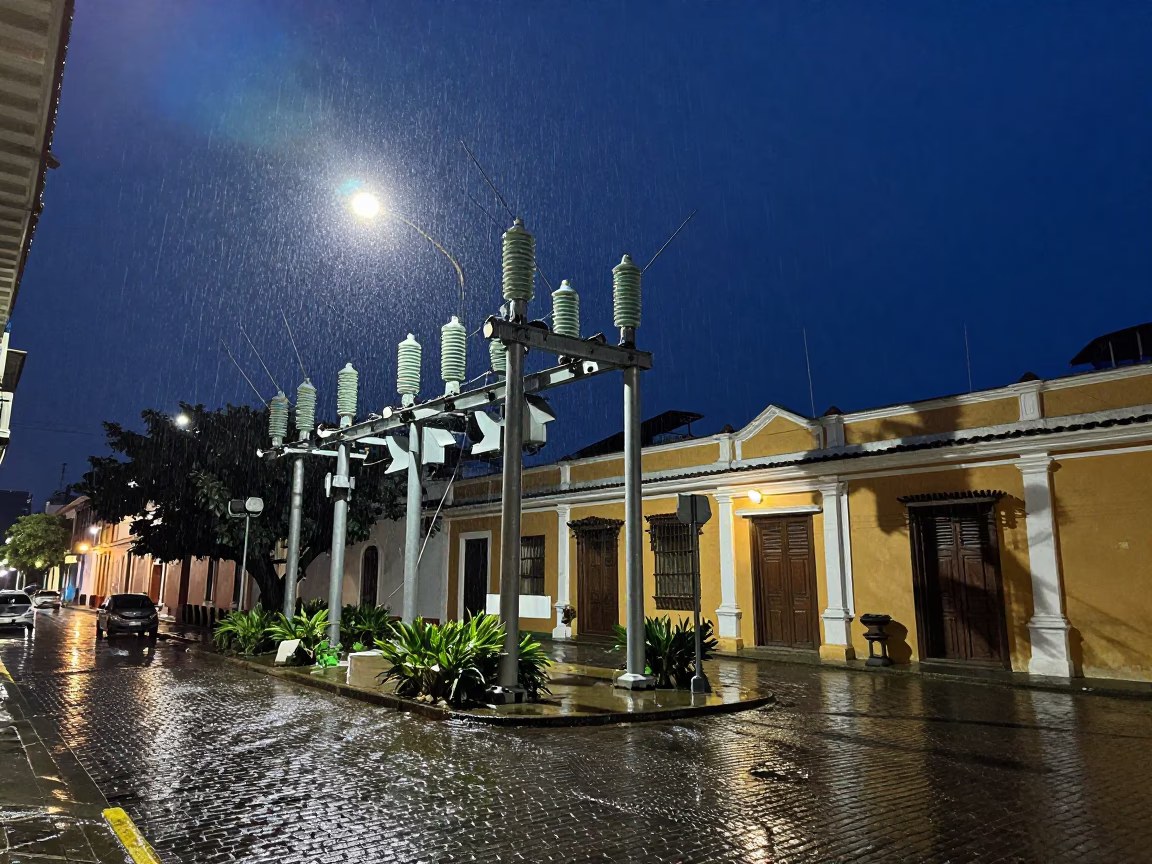 Midnight Street Scene in Cartagena Colombia with Substation Insulators and Rain in in Cartagena, Colombia