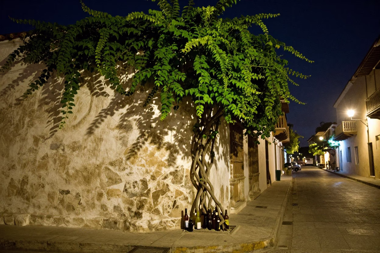 Midnight Street Scene in Cartagena Colombia with Vine and Bottle in in Cartagena, Colombia