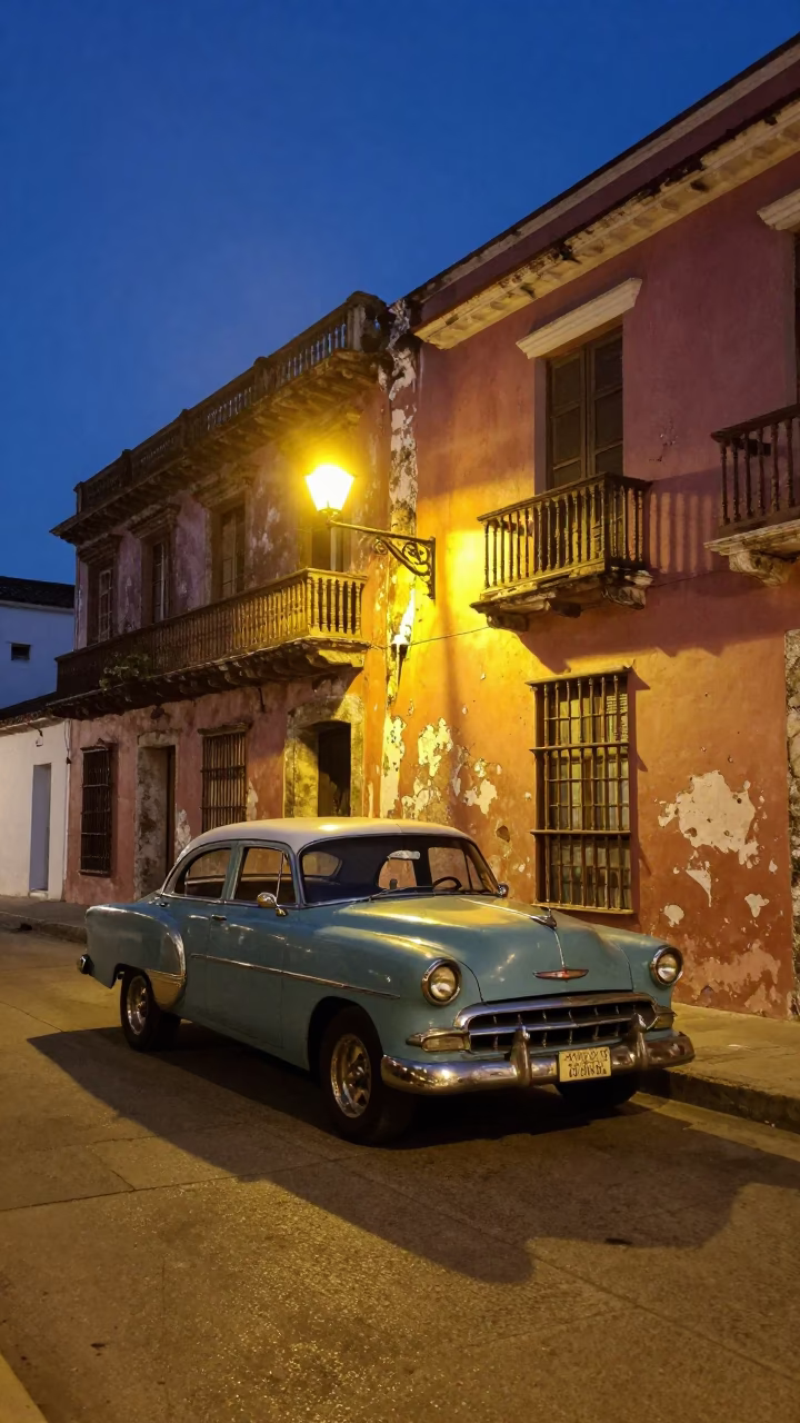 Midnight Street Scene in Cartagena Colombia with Vintage Car and Heritage Tram in in Cartagena, Colombia