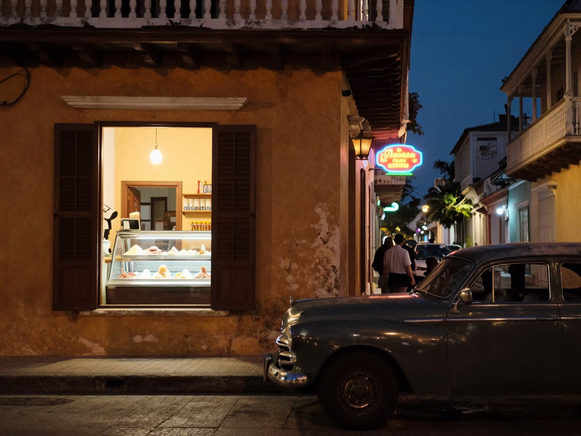 Midnight Street Scene in Cartagena Colombia with Vintage Car and Neon Lights in in Cartagena, Colombia
