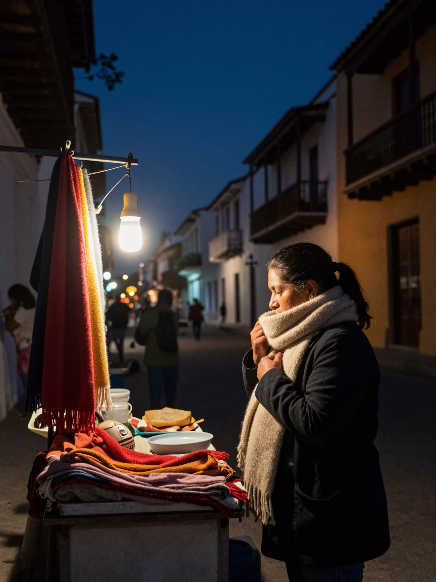 Midnight street scene in Cartagena Colombia with wool scarves and local life in in Cartagena, Colombia