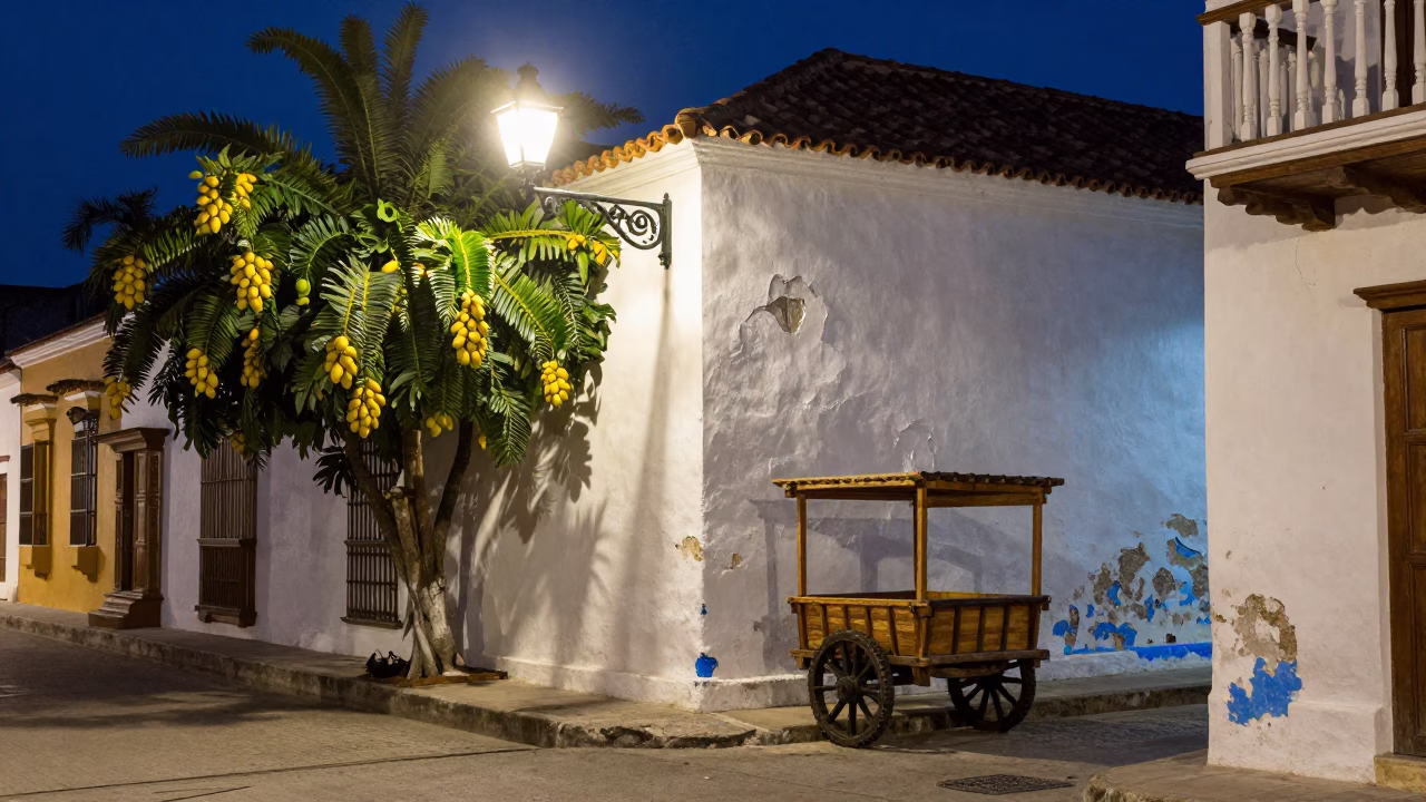 Midnight Street Scene in Cartagena Colombia with Yellow Mangoes and Colonial Architecture in in Cartagena, Colombia