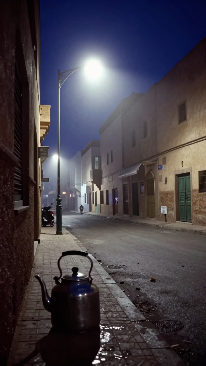 Midnight Street Scene in Casablanca Morocco with Kettle and Night Ambiance in in Casablanca, Morocco