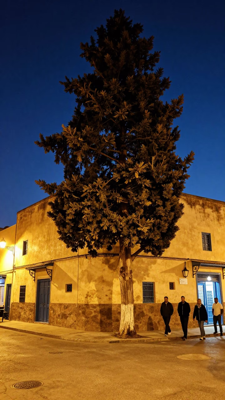Midnight Street Scene in Casablanca Morocco with Lantern and Cedar Tree in in Casablanca, Morocco