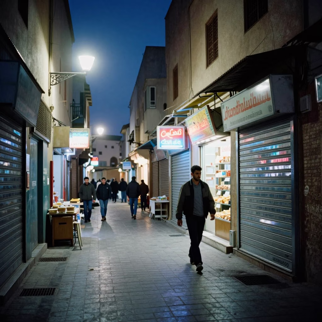 Midnight Street Scene in Casablanca Morocco with Neon Signs and Local Life in in Casablanca, Morocco