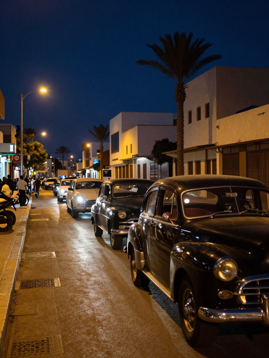 Midnight Street Scene in Casablanca Morocco with Vintage Car Rally and Local Architecture in in Casablanca, Morocco