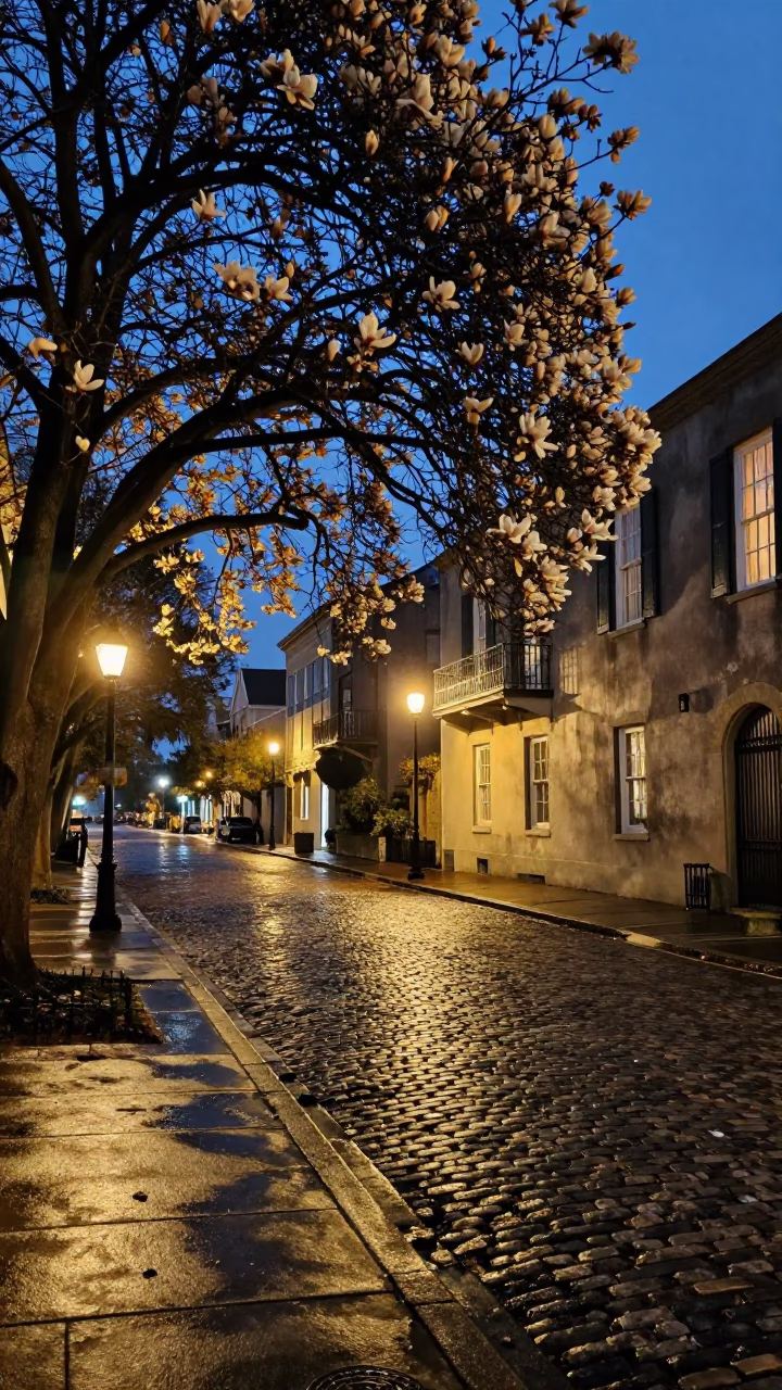 Midnight street scene in Charleston South Carolina with magnolia tree and historic architecture in in Charleston, South Carolina, United States