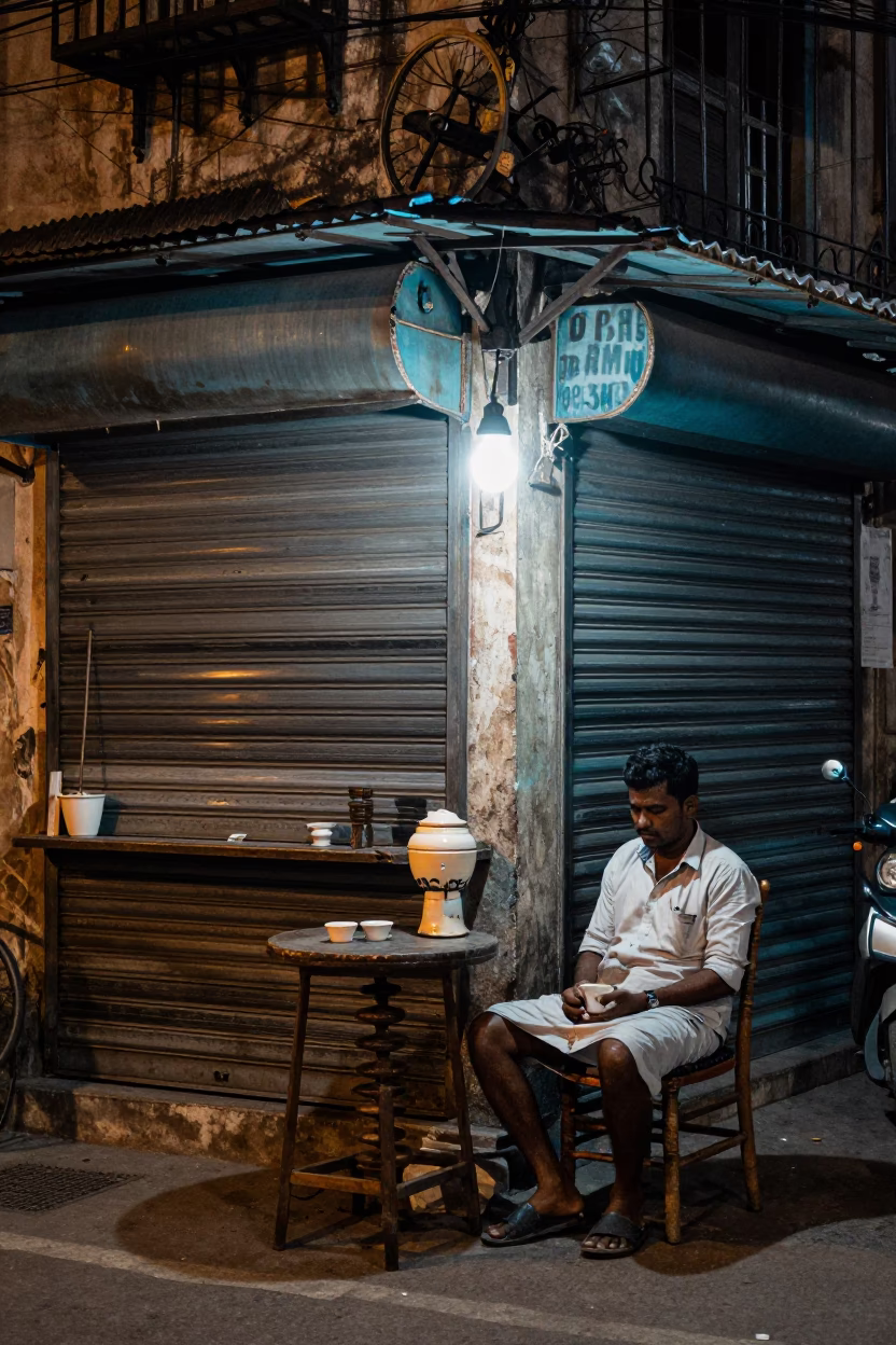 Midnight Street Scene in Chennai India with Ceramic Cup and Spindle Chair in in Chennai, India