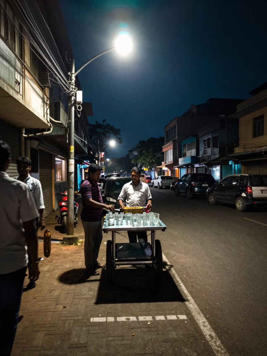 Midnight Street Scene in Chennai India with Glass Tumblers and Urban Architecture in in Chennai, India