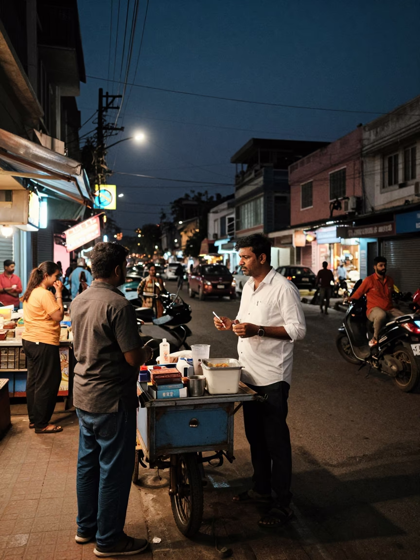 Midnight Street Scene in Chennai India with Neon Lights and Local Life in in Chennai, India