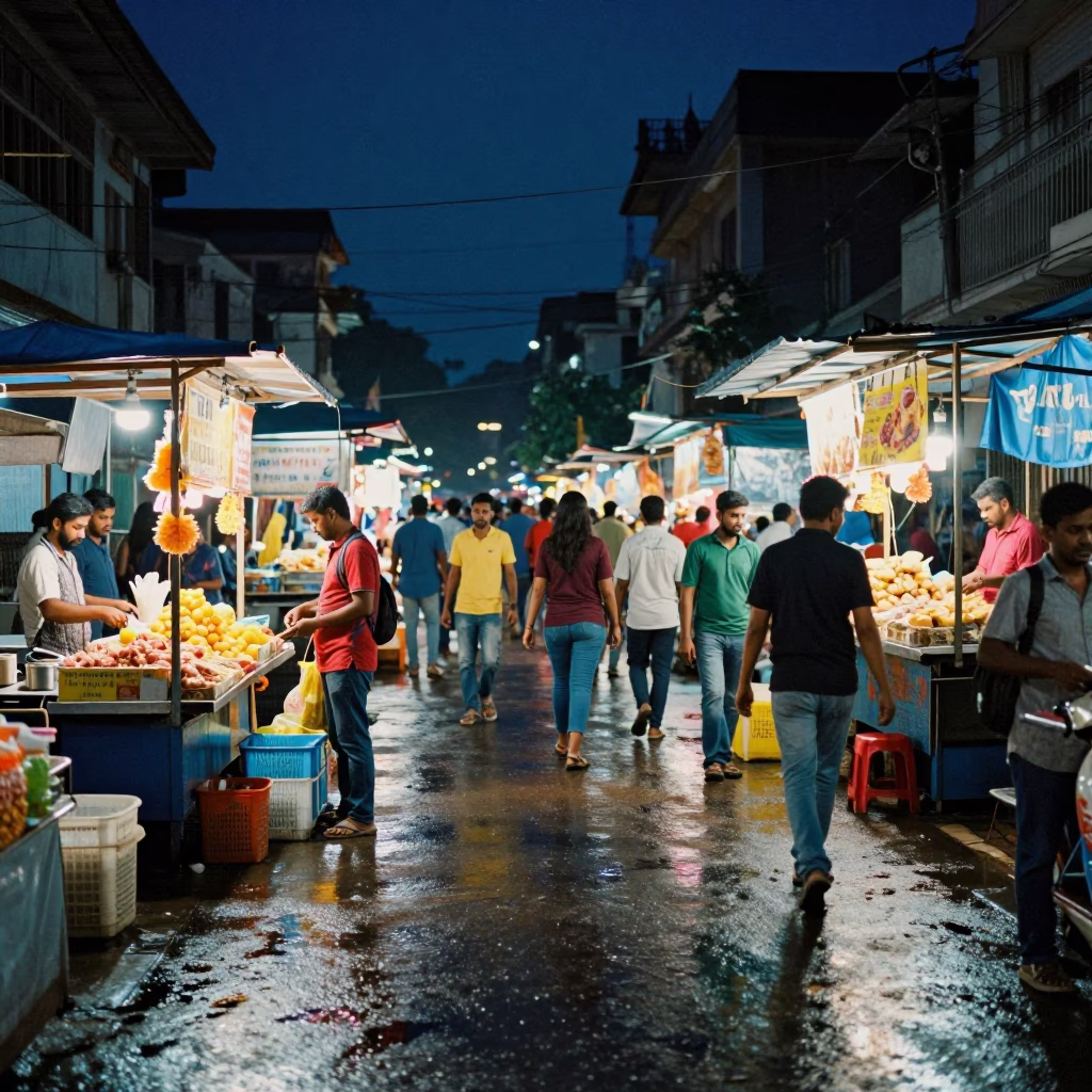Midnight Street Scene in Chennai India with Night Market Stalls and Local Traffic in in Chennai, India