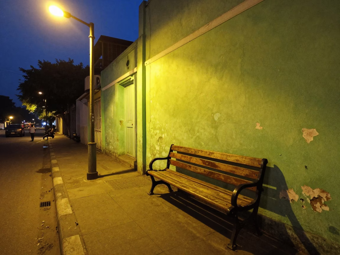 Midnight Street Scene in Chennai India with Tea Stains on Wooden Bench in in Chennai, India