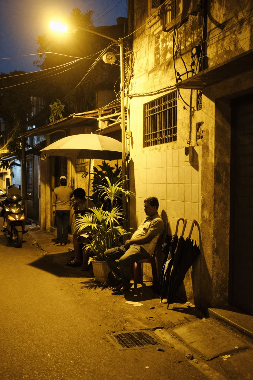 Midnight Street Scene in Chennai India with Umbrellas and Houseplants in in Chennai, India