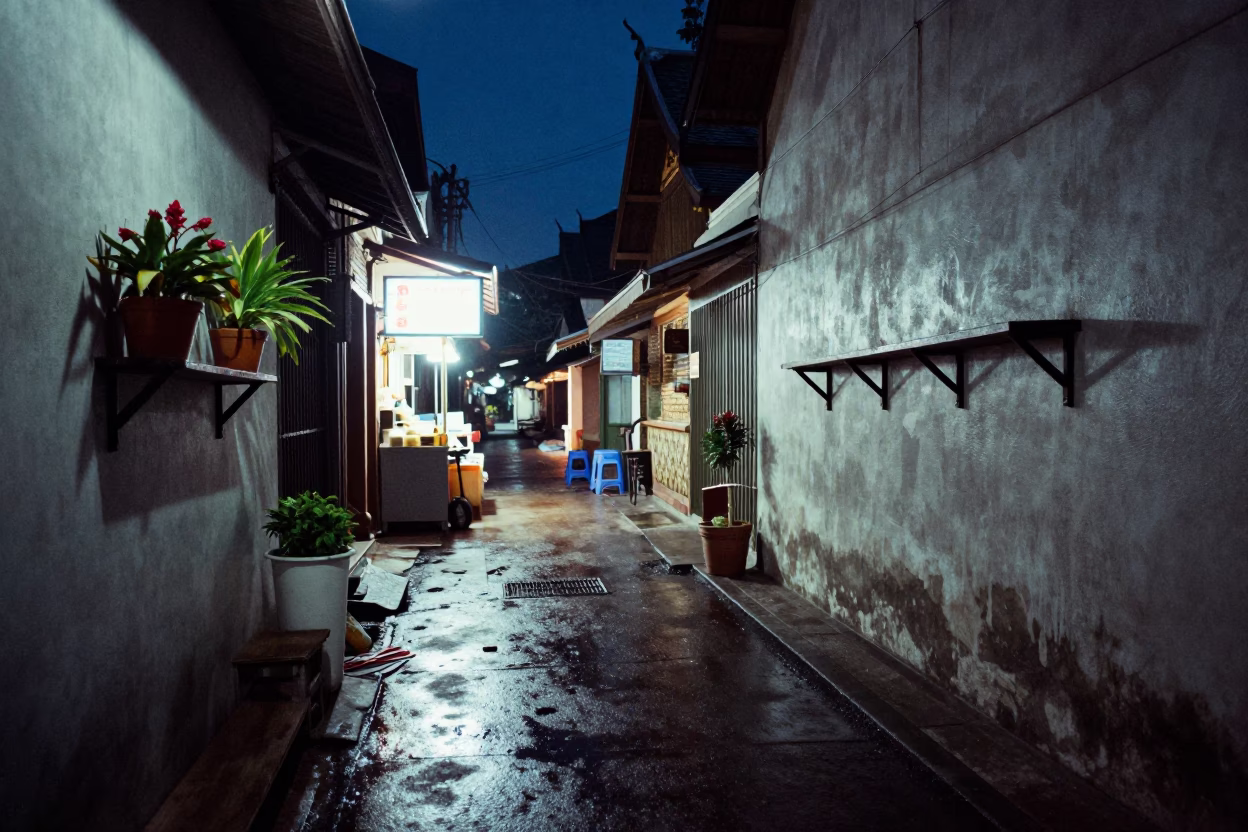 Midnight Street Scene in Chiang Mai Thailand with Flowerpot and Wall Shelf in in Chiang Mai, Thailand