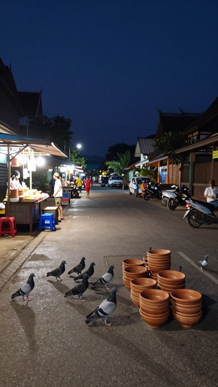 Midnight Street Scene in Chiang Mai Thailand with Pigeons and Terracotta Bowls in in Chiang Mai, Thailand