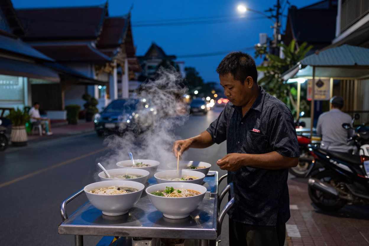 Midnight Street Scene in Chiang Mai Thailand with Soup Bowls and University Archway in in Chiang Mai, Thailand