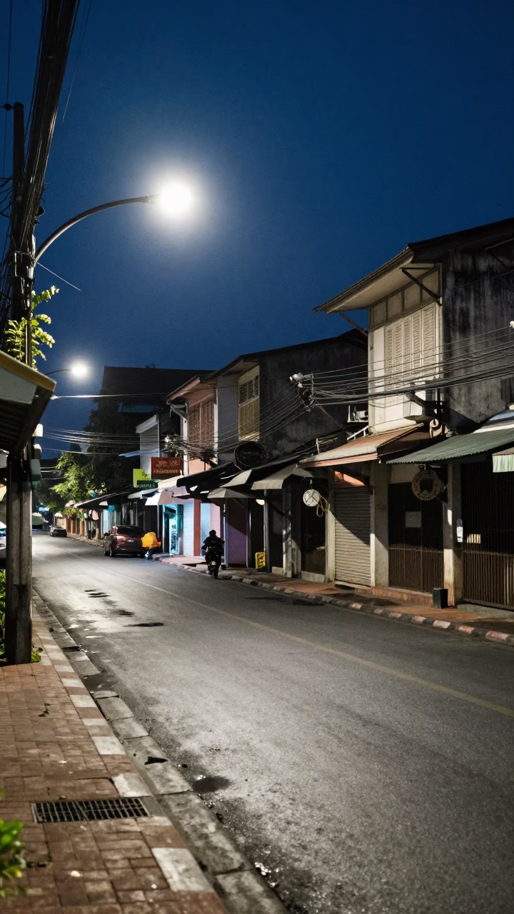 Midnight street scene in Chiang Mai Thailand with streetlights and urban infrastructure in in Chiang Mai, Thailand