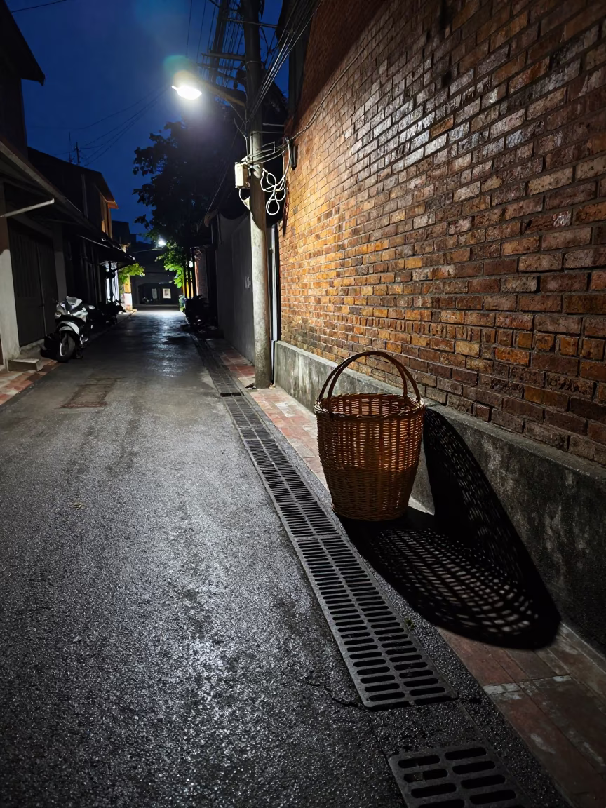Midnight Street Scene in Chiang Mai Thailand with Wicker Shadow on Drain in in Chiang Mai, Thailand