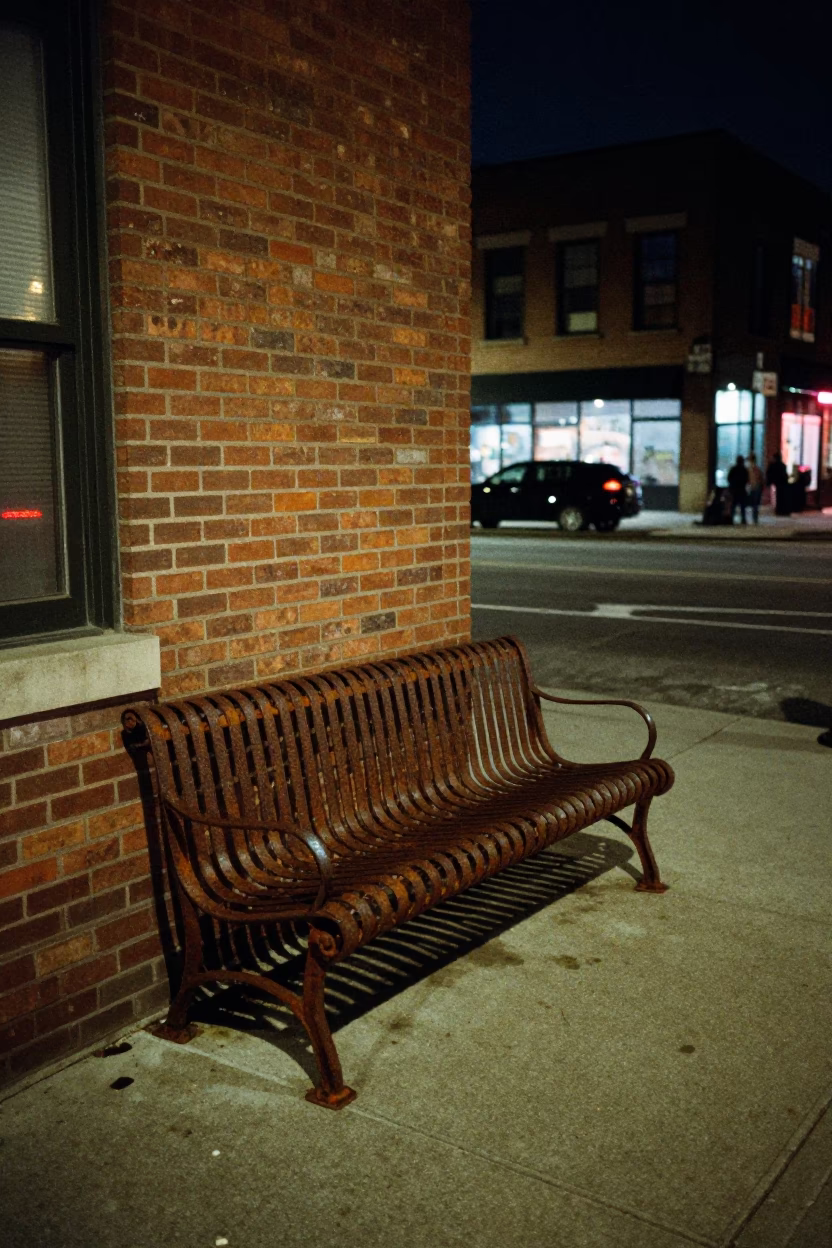 Midnight Street Scene in Chicago Illinois with Rusty Bench and Urban Decay in in Chicago, Illinois, United States
