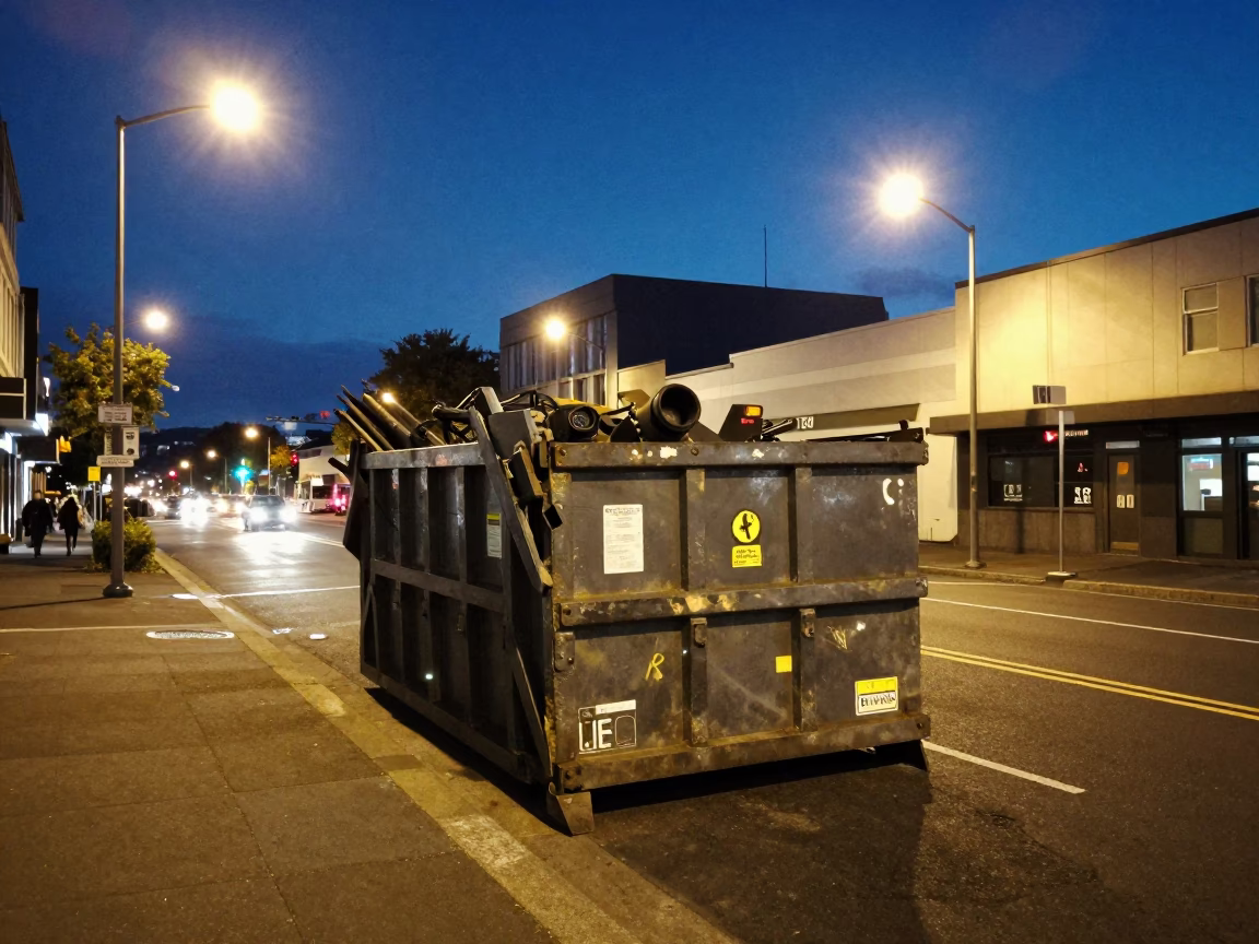 Midnight Street Scene in Christchurch New Zealand with Demolition Dumpster and Urban Decay in in Christchurch, New Zealand