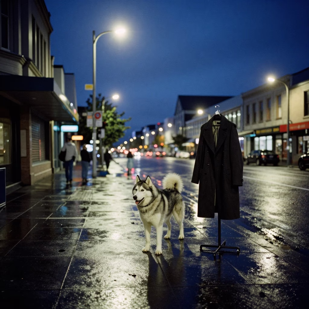 Midnight Street Scene in Christchurch New Zealand with Husky and Coat Stand in in Christchurch, New Zealand