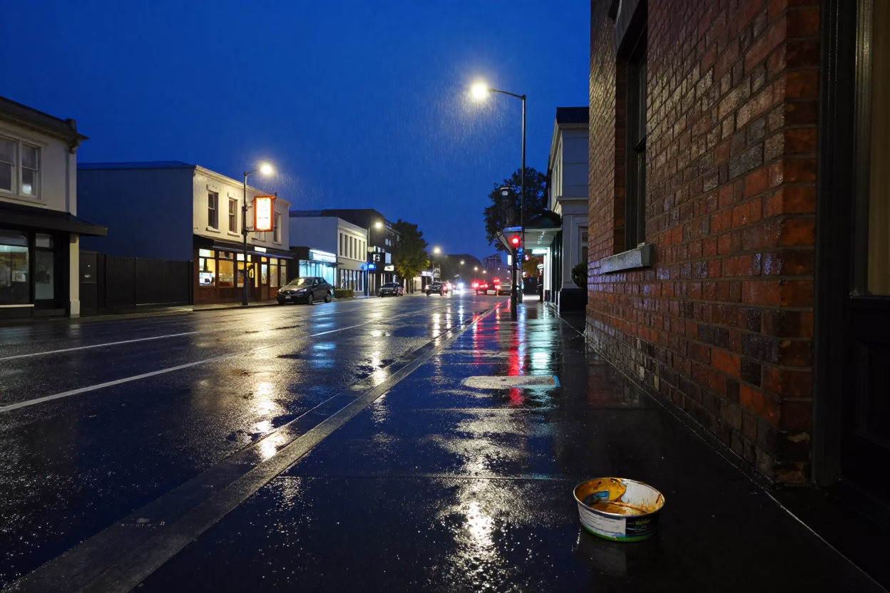 Midnight Street Scene in Christchurch New Zealand with Rain and Urban Details in in Christchurch, New Zealand
