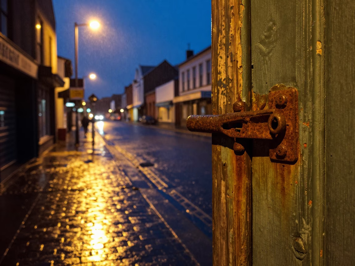 Midnight Street Scene in Christchurch New Zealand with Rusty Latch and Rain in in Christchurch, New Zealand