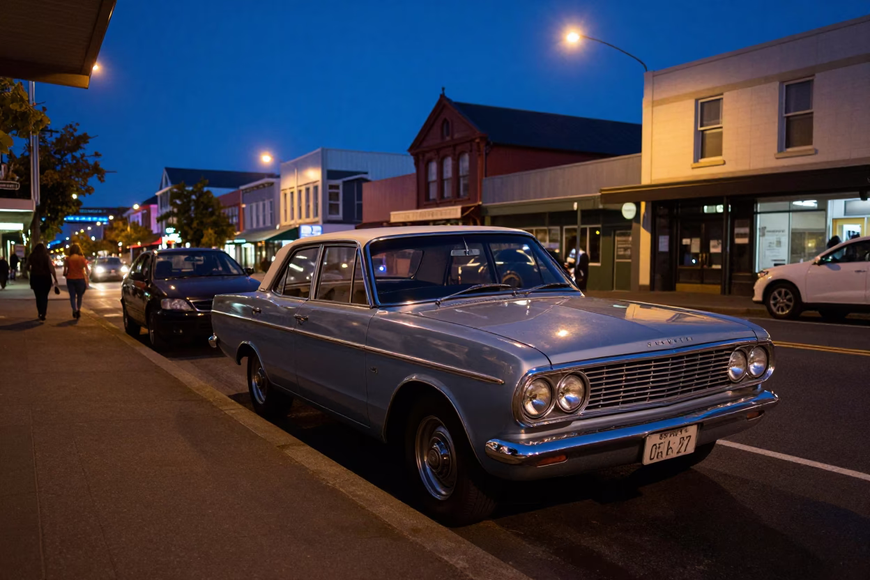 Midnight Street Scene in Christchurch New Zealand with Vintage Car and Neon Sign in in Christchurch, New Zealand