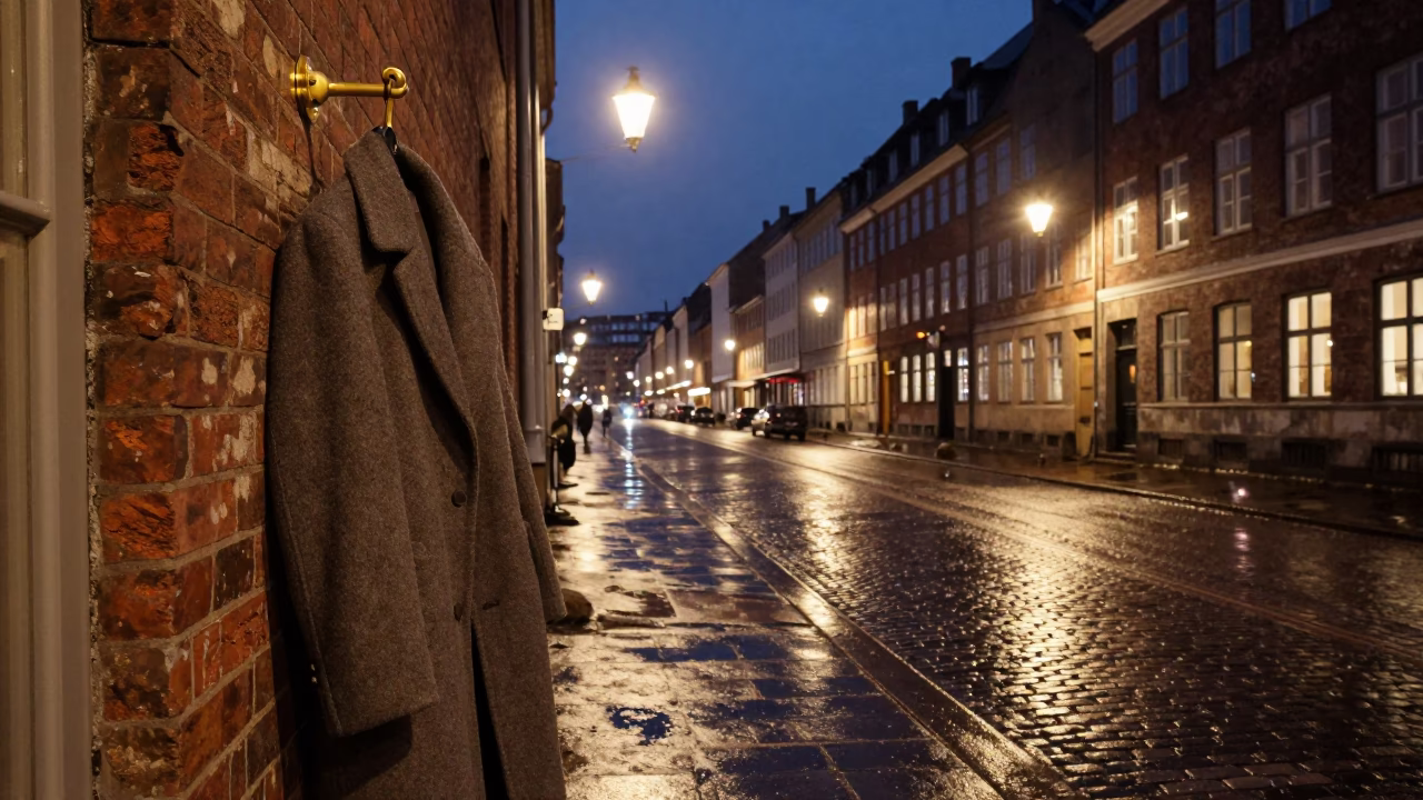 Midnight street scene in Copenhagen Denmark with vintage 1960s aesthetic and urban details in in Copenhagen, Denmark