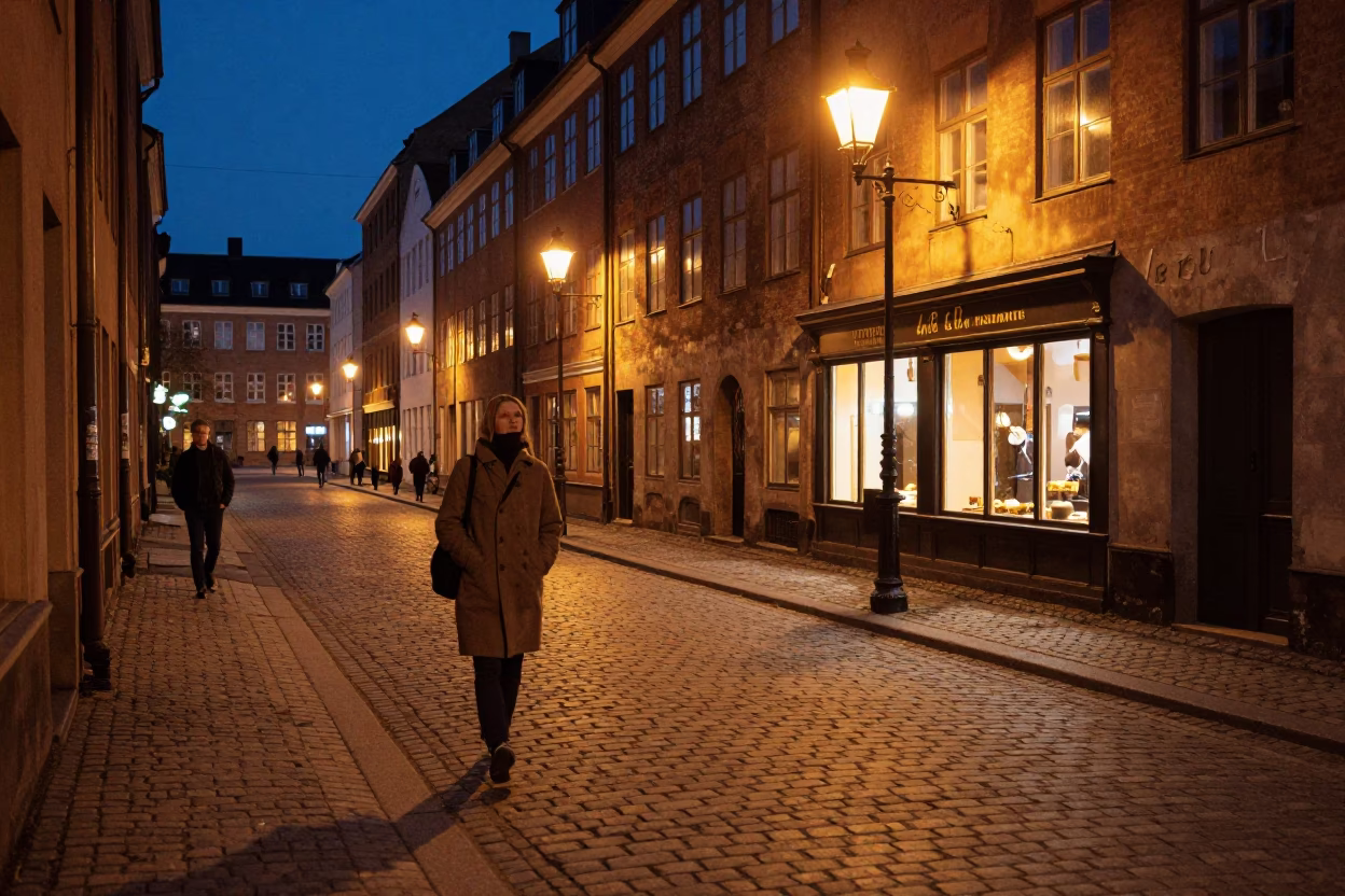 Midnight Street Scene in Copenhagen Denmark with Vintage 1970s Atmosphere in in Copenhagen, Denmark