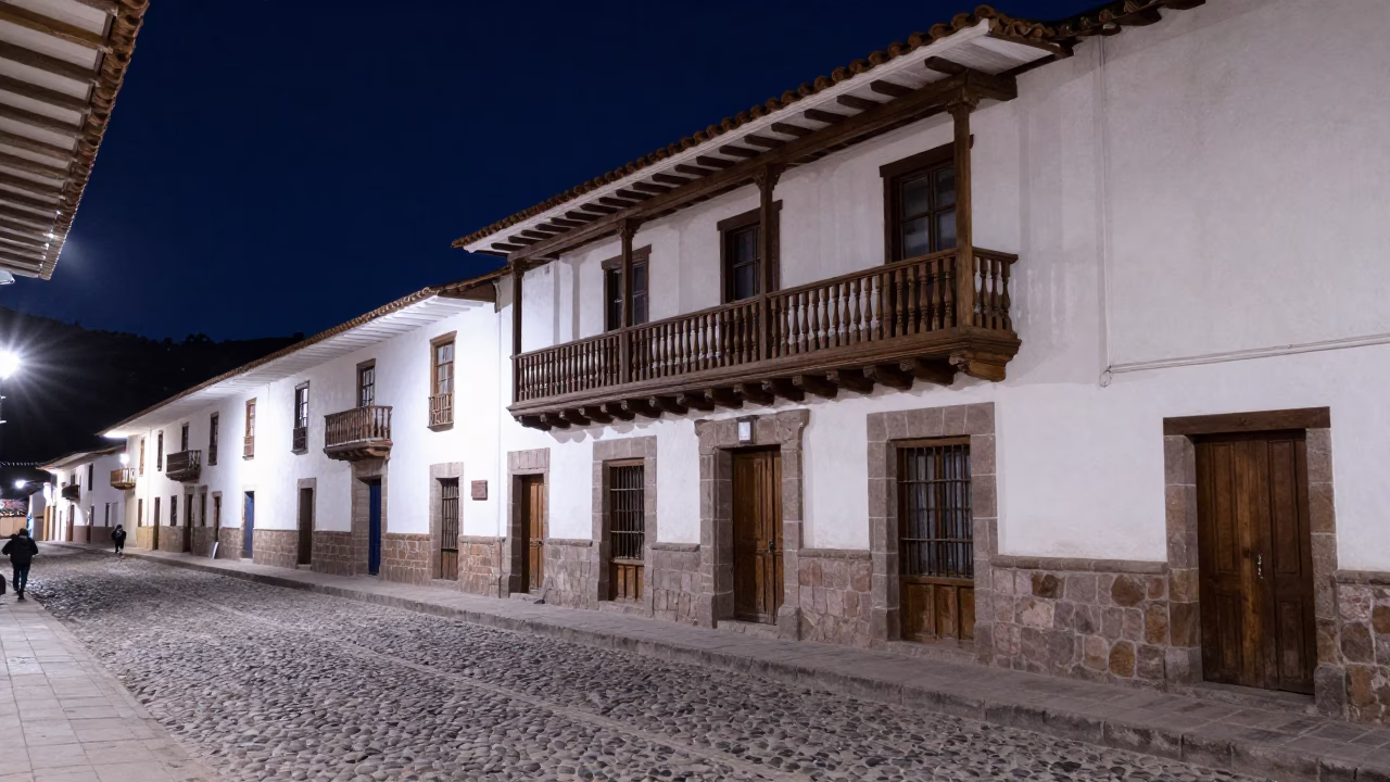 Midnight Street Scene in Cusco Peru Colonial Architecture and Local Nightlife in in Cusco, Peru