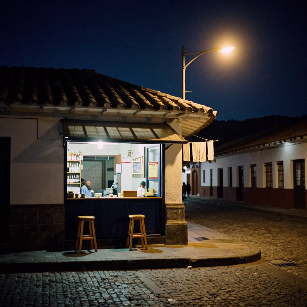Midnight Street Scene in Cusco Peru with Bar Stools and Drying Towels in in Cusco, Peru