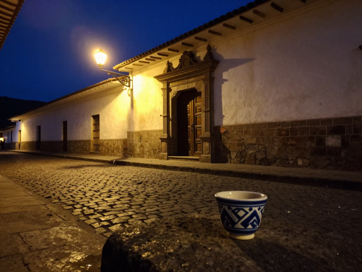 Midnight Street Scene in Cusco Peru with Ceramic Cup and Stone Architecture in in Cusco, Peru