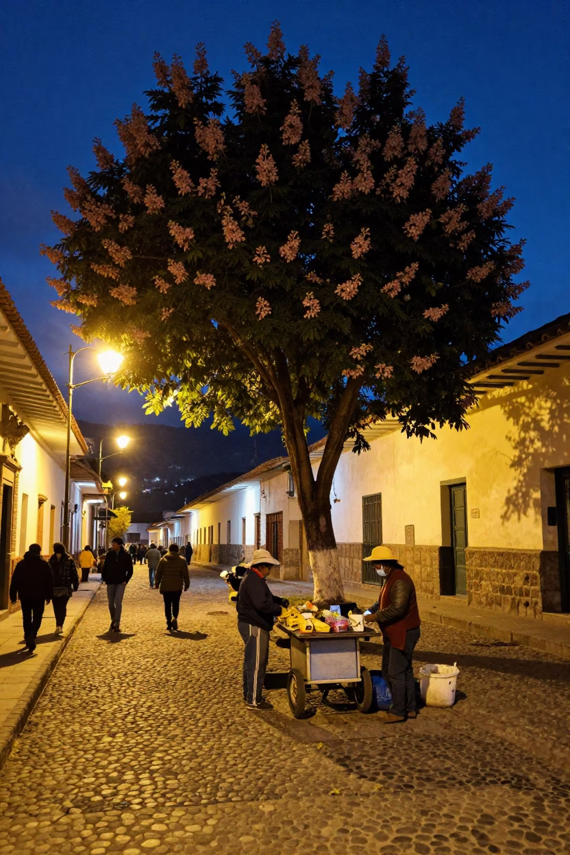 Midnight Street Scene in Cusco Peru with Chestnut Tree and Local Life in in Cusco, Peru