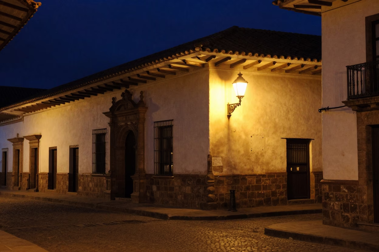 Midnight street scene in Cusco Peru with colonial architecture and local life in in Cusco, Peru