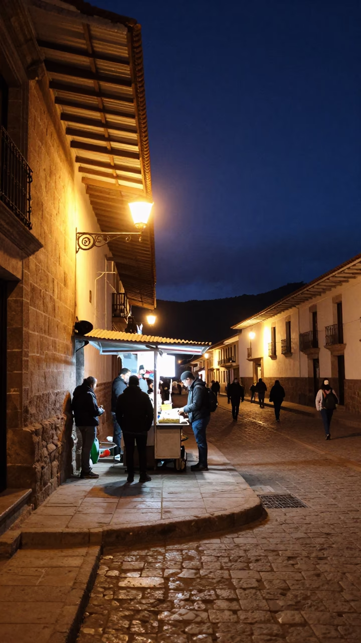 Midnight street scene in Cusco Peru with colonial architecture and local nightlife in in Cusco, Peru